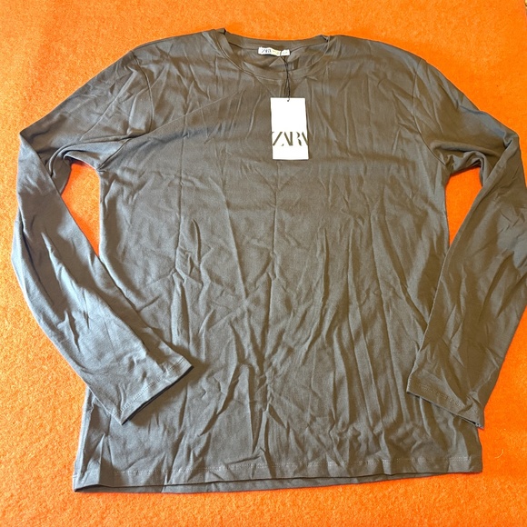 Zara brown taupe stretchy long sleeve basic tee NWT - Picture 4 of 5